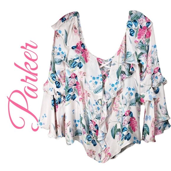 PARKER ERIN BOHEMIAN 100% SILK RUFFLED FLORAL OFF THE SHOULDER BLOUSE, LARGE - Picture 2 of 14
